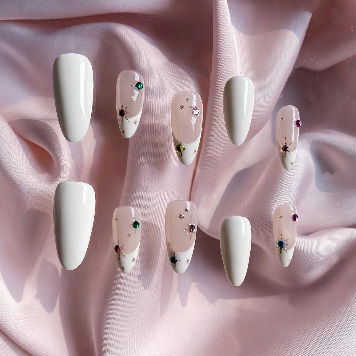 Snowy Rainbow Handcrafted Custom Almond French-style Wearable Nails False Nails from SHOPQAQ