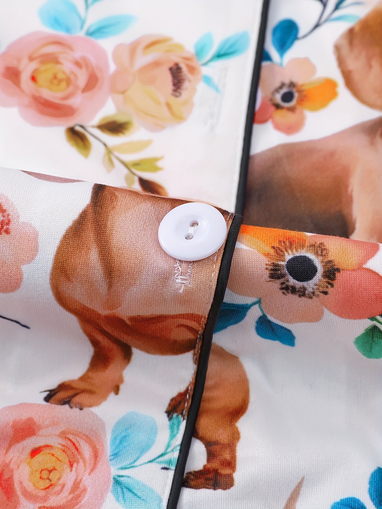 2pcs set of cute puppy print Women's pajamas, short-sleeved shirt with turned collar and button top and loose elastic shorts, comfortable ' sleepwear and loungewear for leisure outdoor use at home