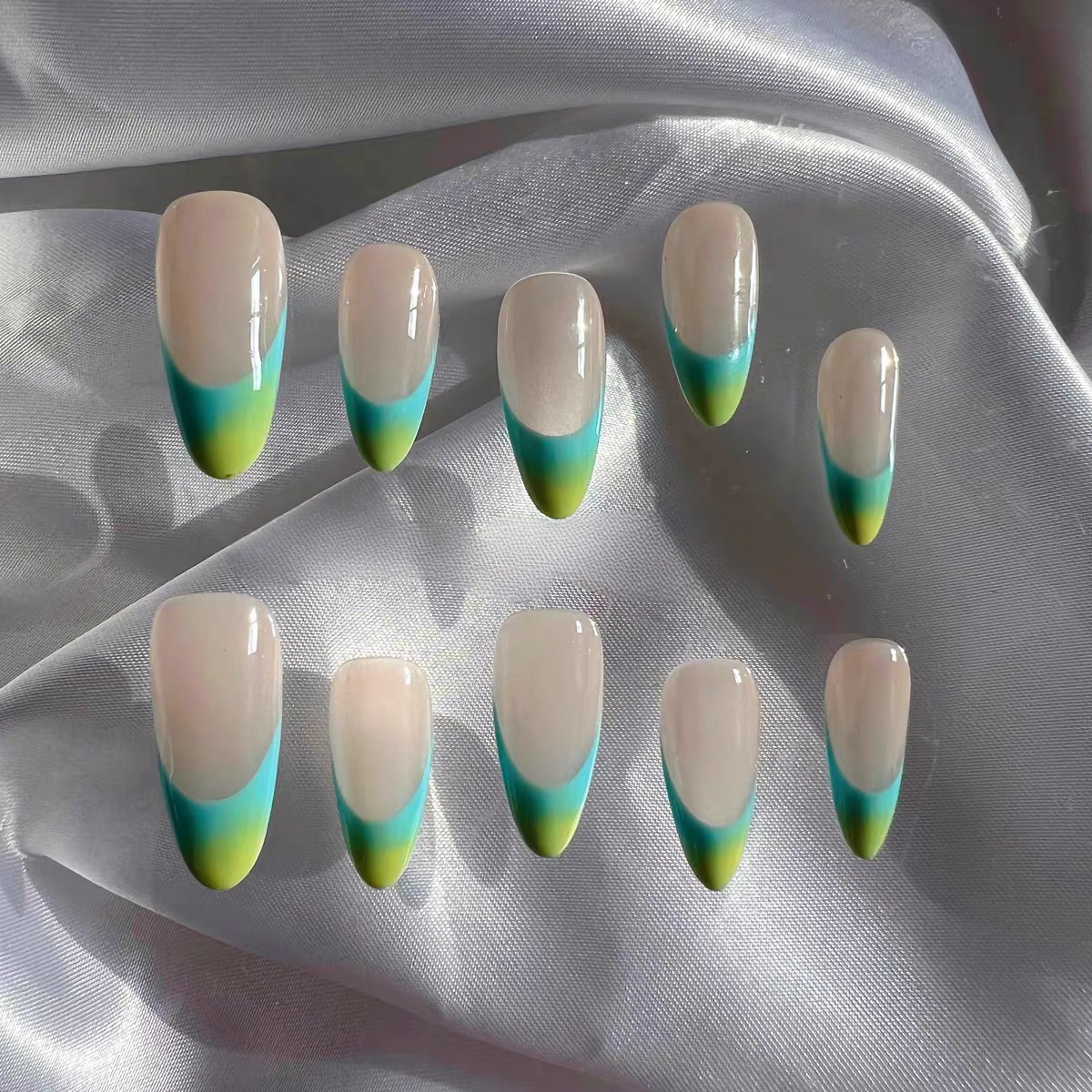Ocean Blue Handcrafted Custom Almond French-style Wearable Nails False Nails from SHOPQAQ
