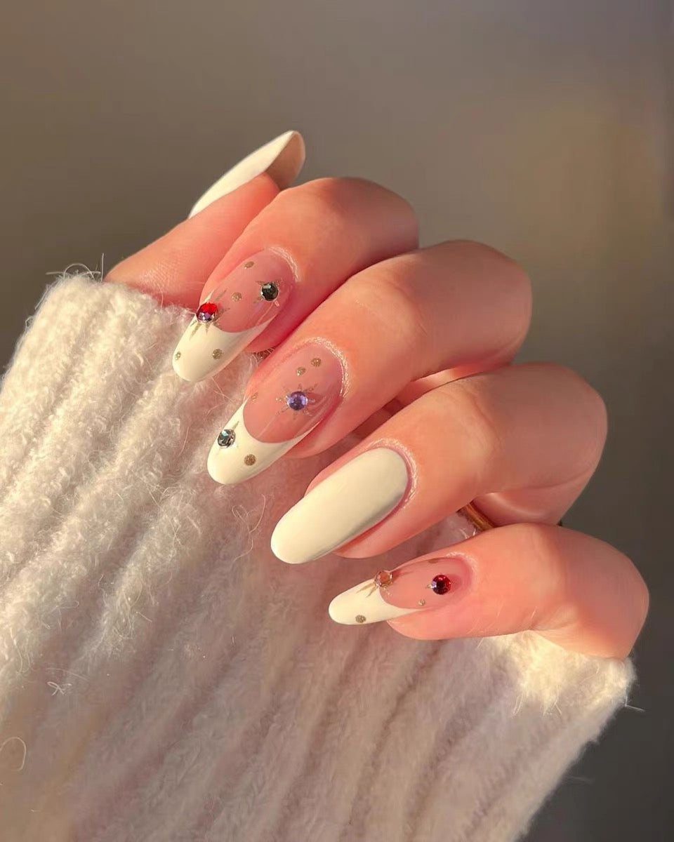Snowy Rainbow Handcrafted Custom Almond French-style Wearable Nails False Nails from SHOPQAQ