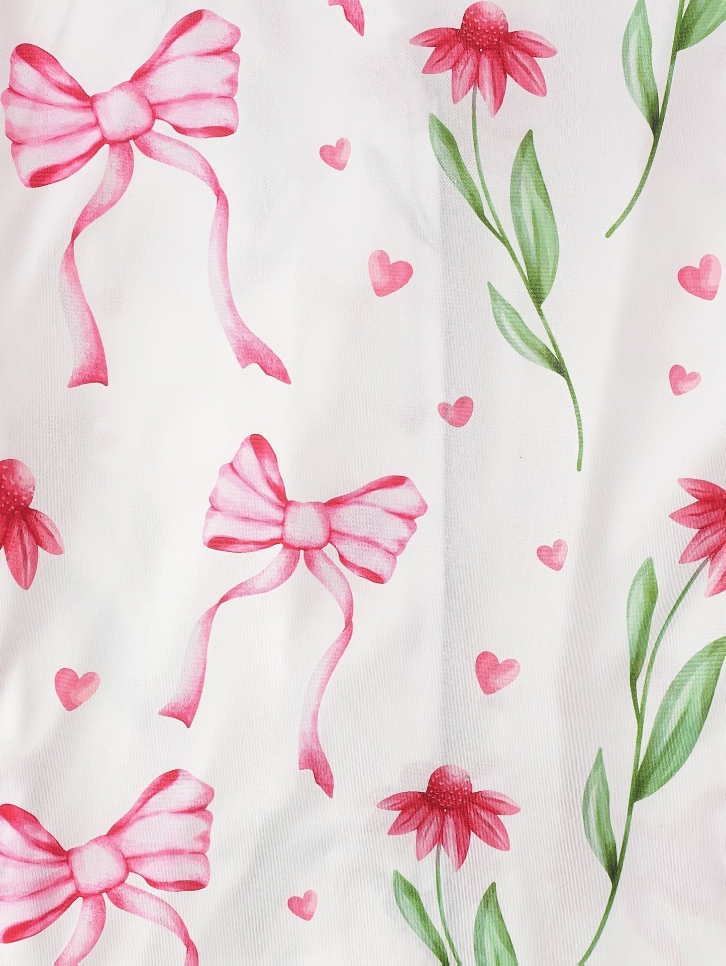 White satin-look short-sleeve pajama set with pink bow and floral print, piped trim, chest pocket and elastic waist shorts in 95% Polyester 5% Elastane — travel-ready silky stretch loungewear