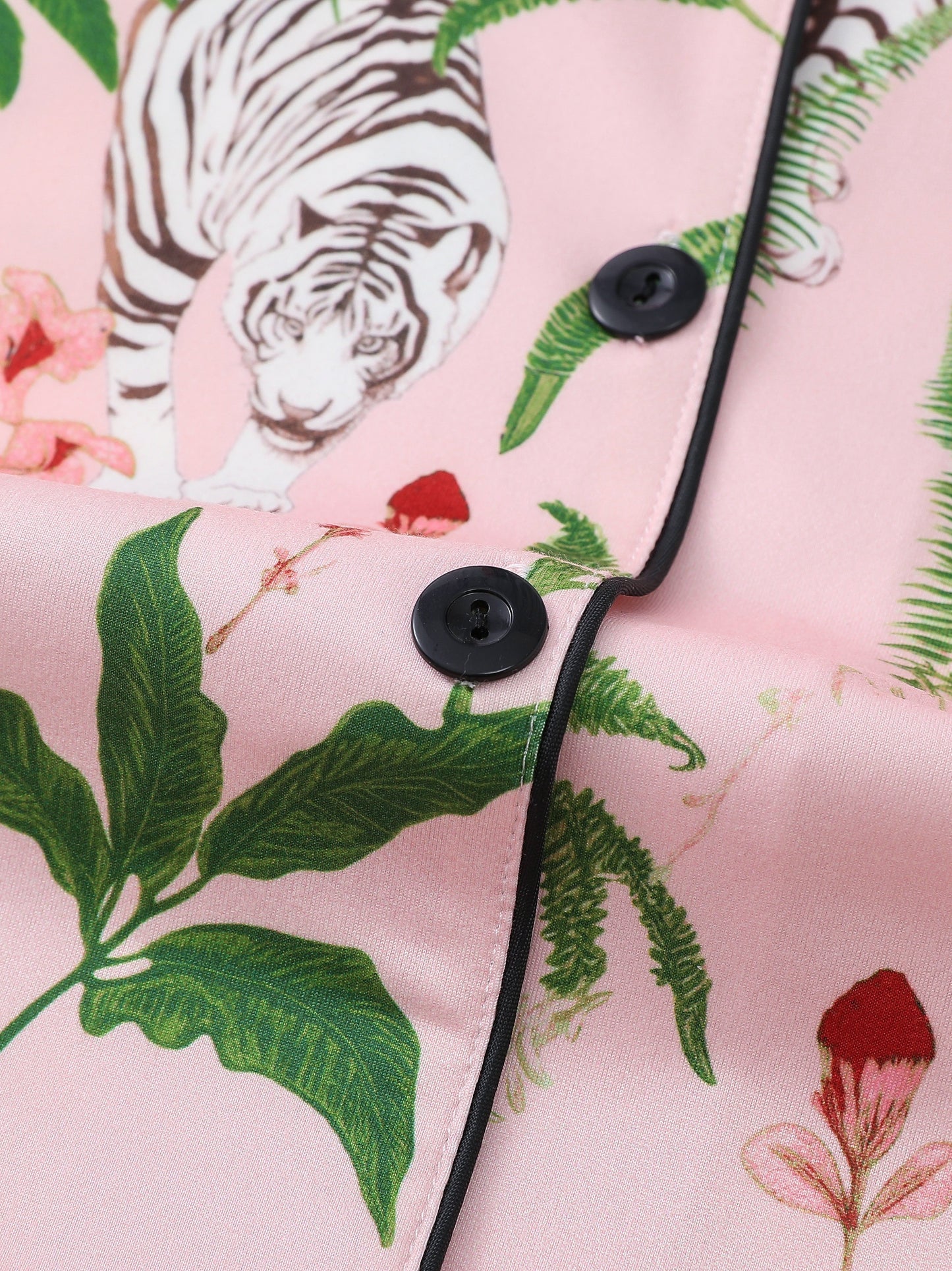 Blush satin-look short pajama set with tiger and botanical print — button-up short-sleeve top with chest pocket and elastic waist shorts, 95% Polyester/5% Elastane