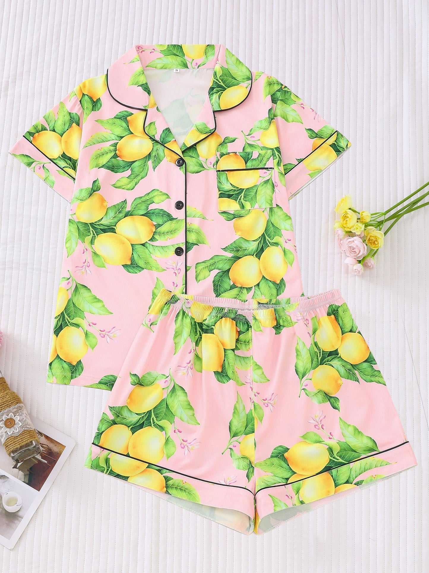 Womens Casual Lemon Print Short Sleeve Pajama Set - Soft, Breathable, Relaxed Fit, Button Up Lapel Collar Top & Shorts, Comfortable Sleepwear for Women, Perfect for Lounging and Sleeping