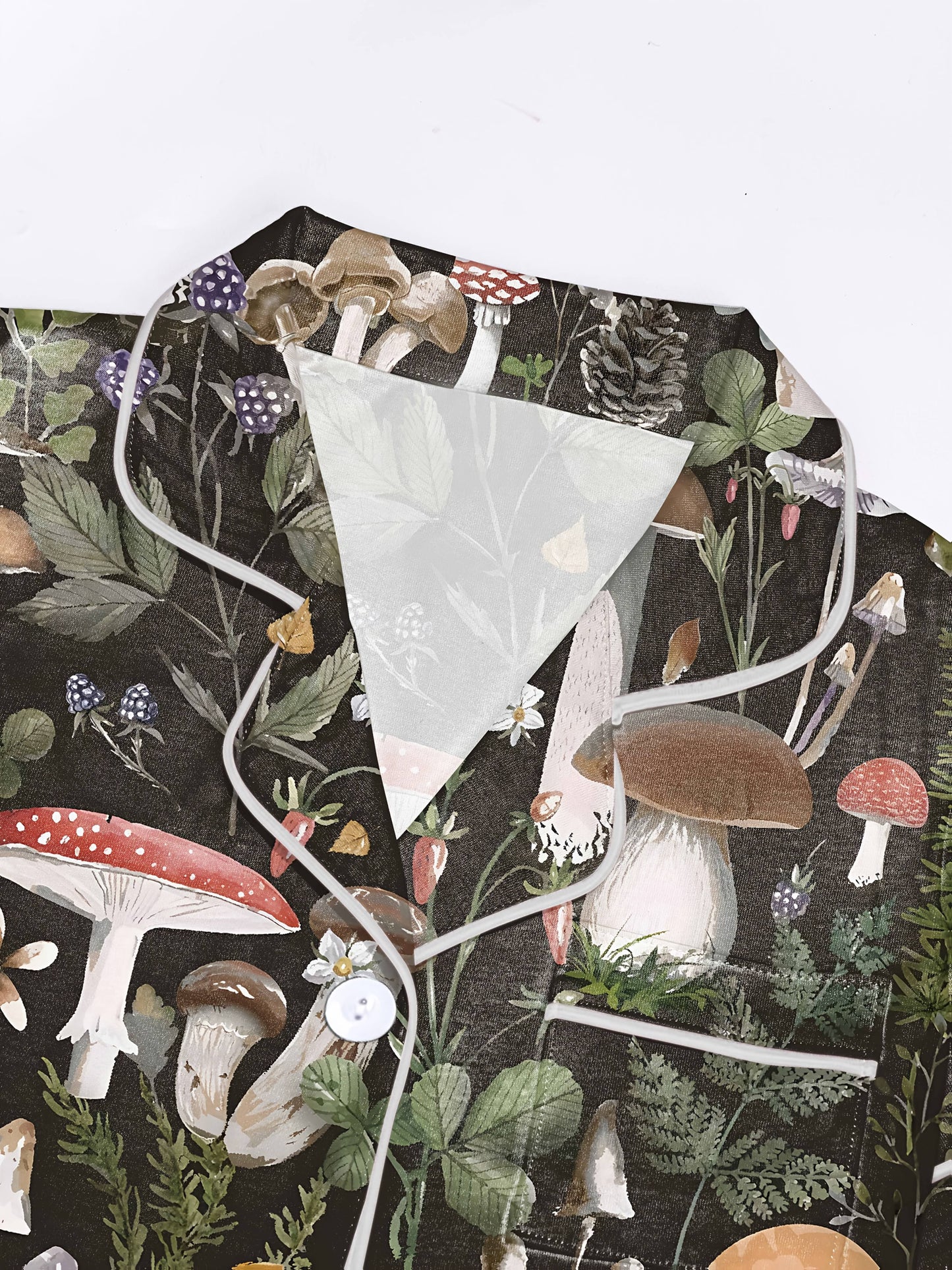 Dark charcoal mushroom watercolor print modal pajama set — short‑sleeve button top and elastic waist shorts with piping