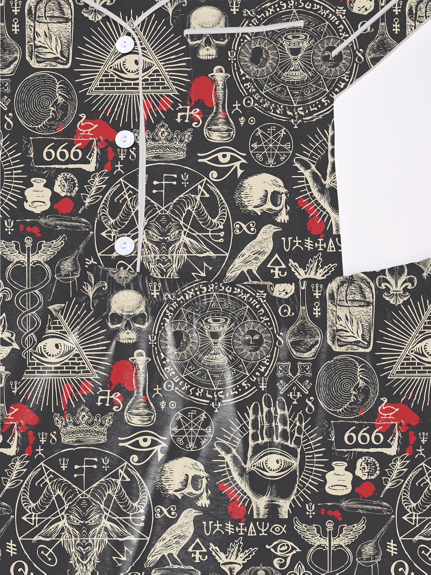 Dark occult print modal pajama set with skulls, sigils and mystic hands — short sleeve button top and elastic waist shorts with piping