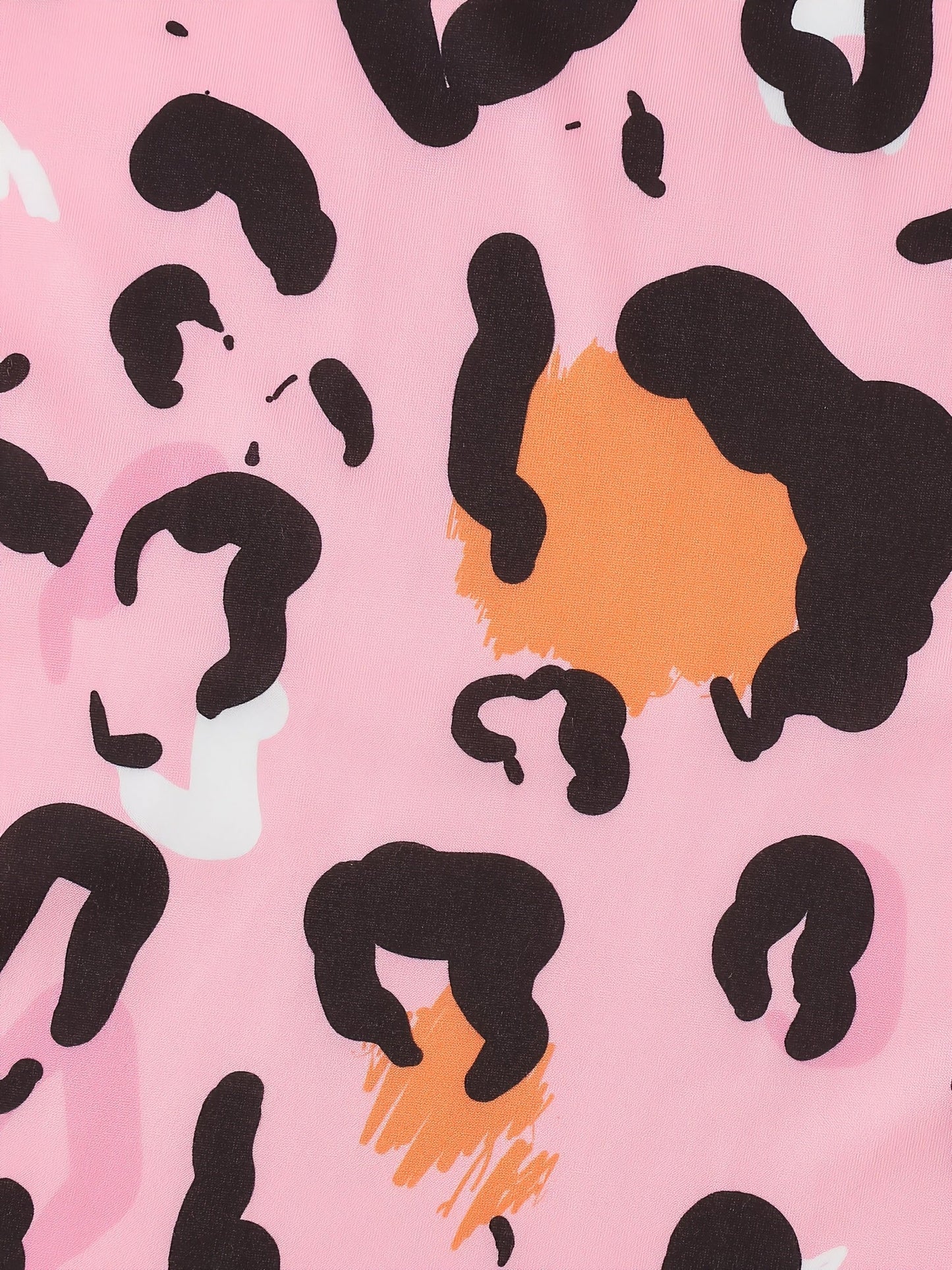 Pink satin-look short-sleeve pajama set with black and orange leopard print, piped trim, chest pocket and elastic waist shorts in 95% Polyester 5% Elastane — silky stretch travel-ready loungewear