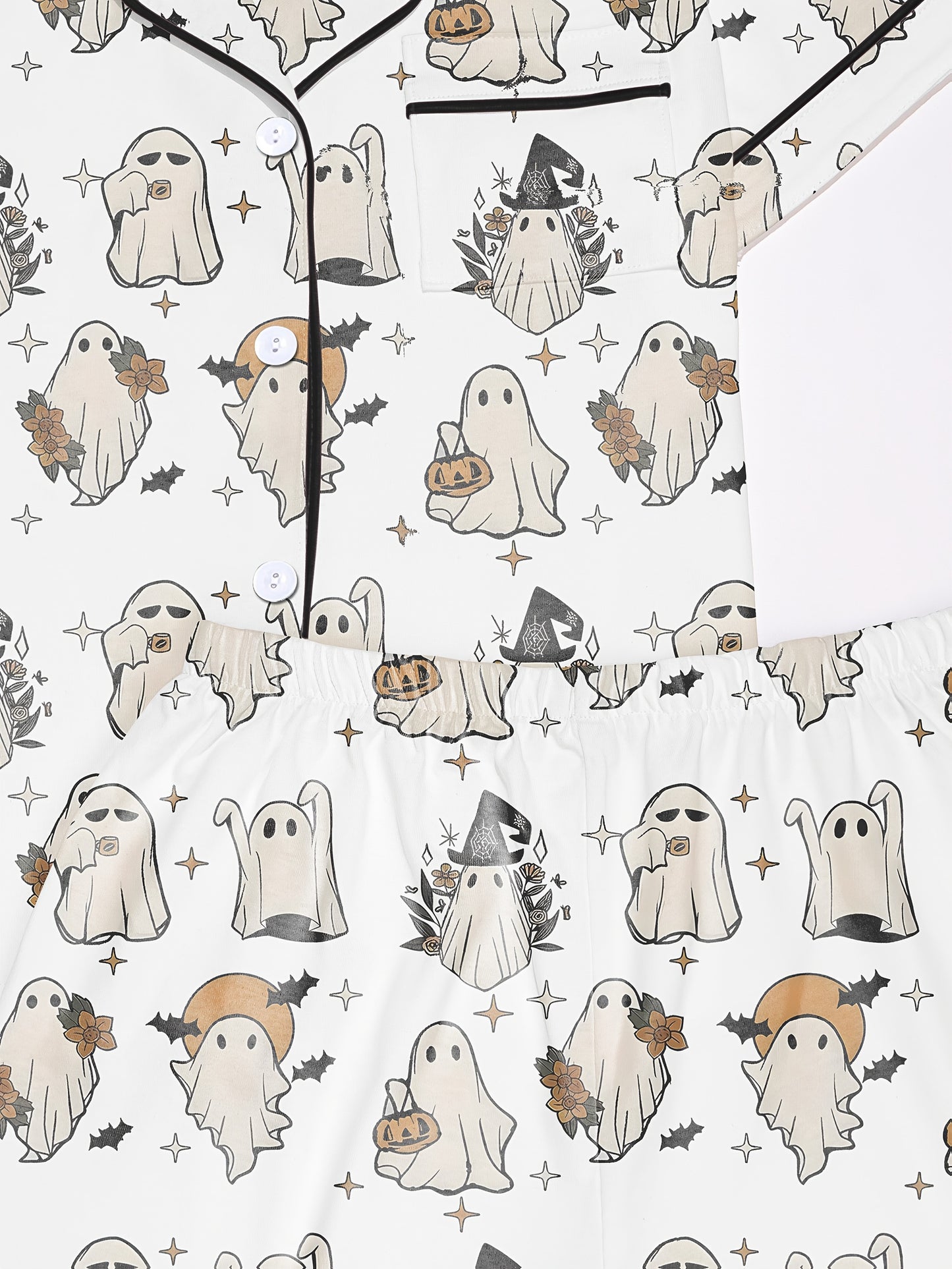 Satin‑look pajama set with cute ghost illustrations holding pumpkins, wearing flower crowns and tiny witch hats — short‑sleeve button‑up top with chest pocket and elastic waist shorts