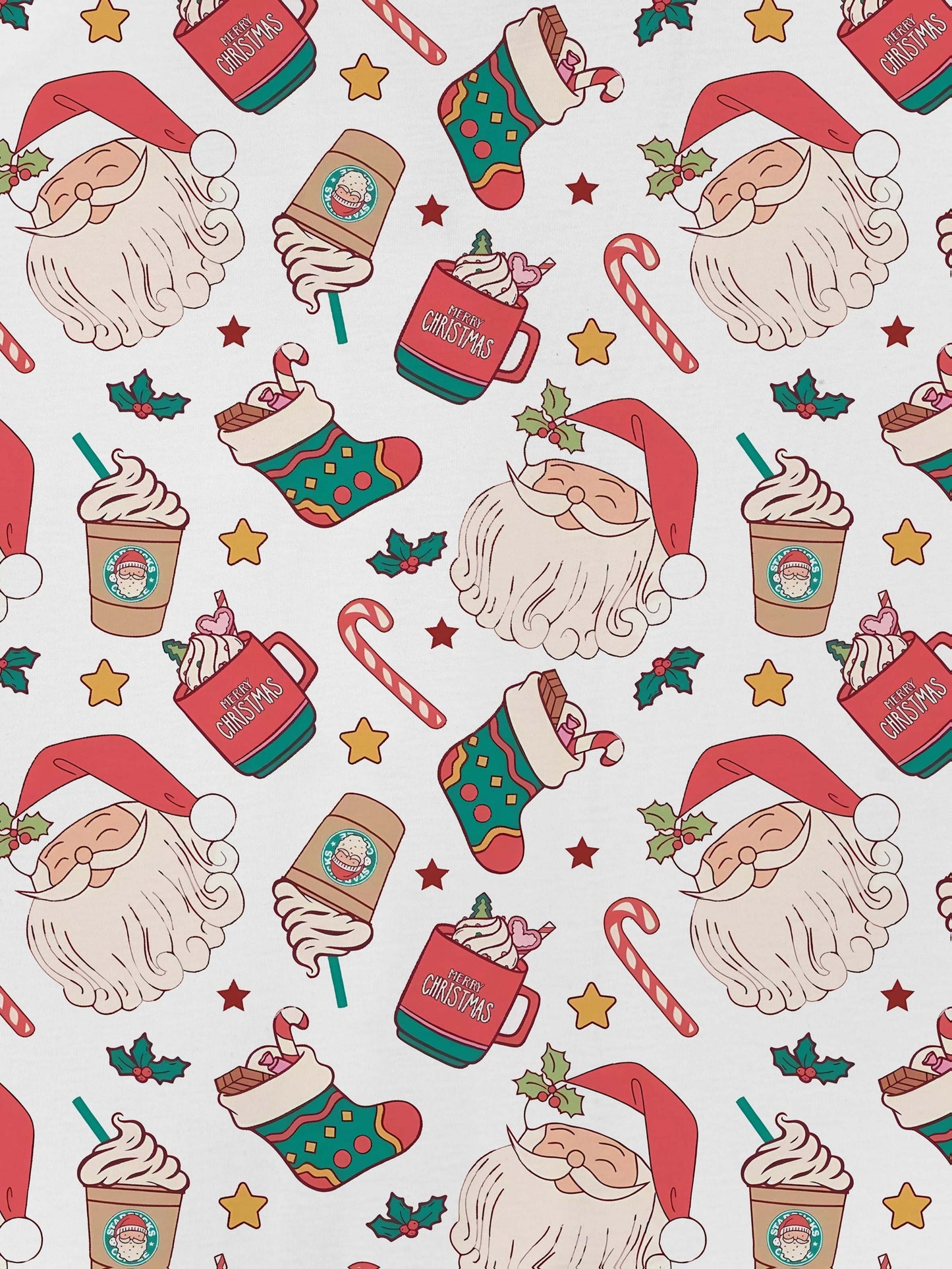 Cream modal pajama set with Santa faces and cocoa mugs print — short‑sleeve button top and elastic waist shorts with piping