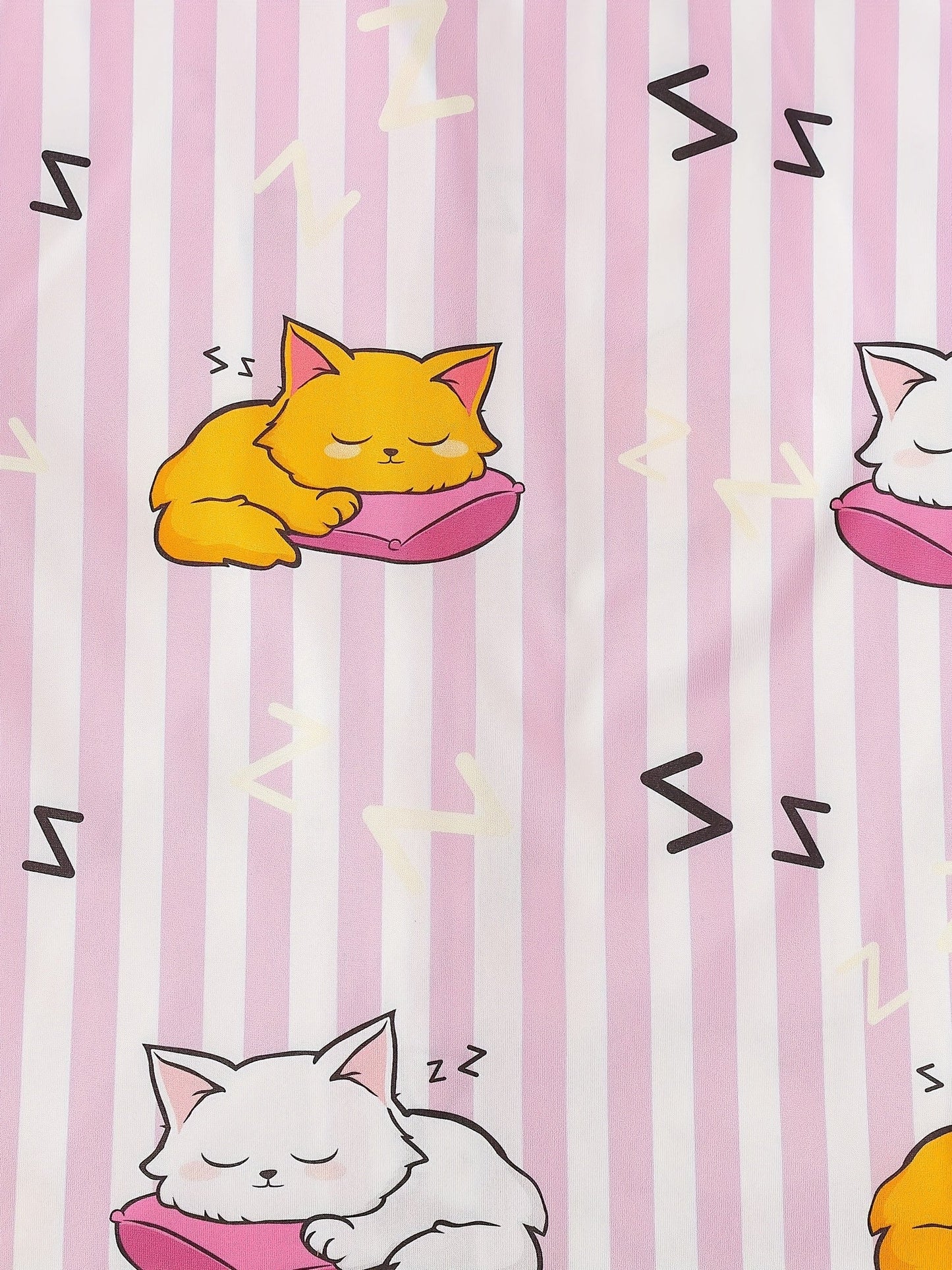 Pink stripe satin-look short-sleeve pajama set with orange and white sleeping cat print, piped trim, chest pocket and elastic waist shorts in 95% Polyester 5% Elastane — silky stretch travel-ready loungewear