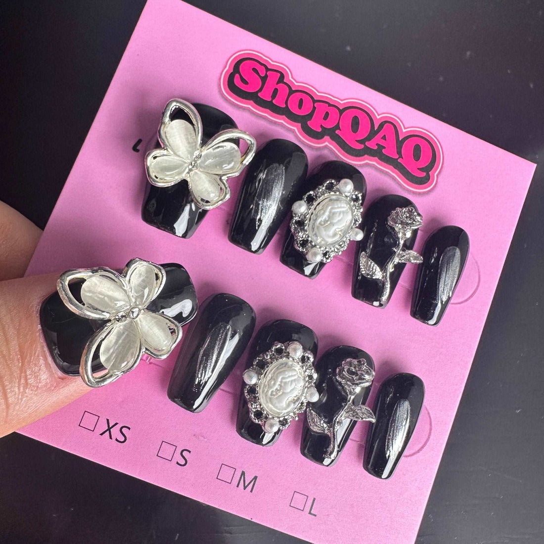 Stop Going to the Salon: Try 2024 Latest Collection | Handcrafted Press-On Nails – Crystal Butterfly, Rose Flower, Mid-Length with Sparkling Gems Instead