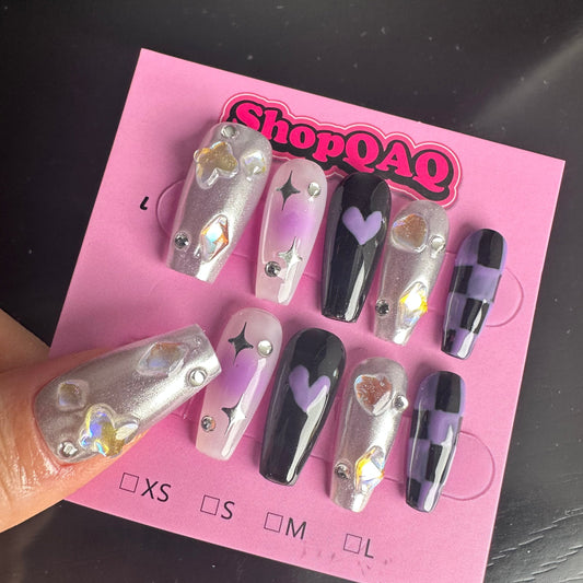 Stop Going to the Salon: Try "Handcrafted Y2K Press-On Nails - 'Sweet & Cool' Black and Purple Kuromi Design with Blush Stars and Glitter" Instead