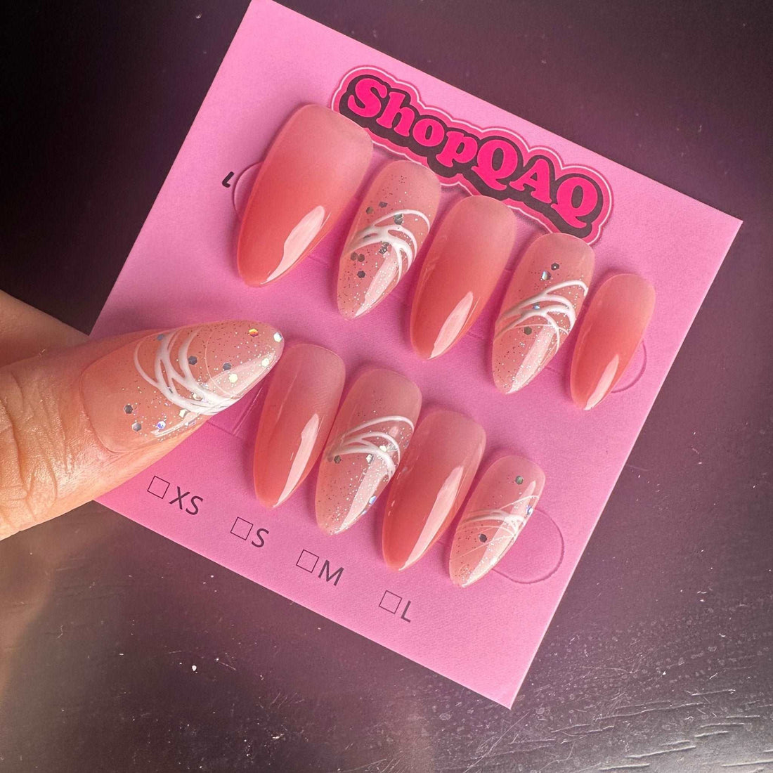 My Experience Wearing Almond-Shaped Pink & White Brushstroke Sparkling Minimalist Handcrafted Press-On Nails for 7 Days