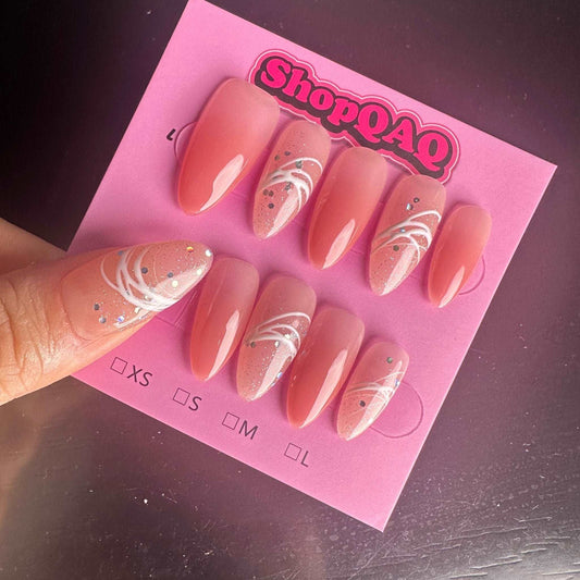 Why I'm Obsessed with Almond-Shaped Pink & White Brushstroke Sparkling Minimalist Handcrafted Press-On Nails (Honest Review)
