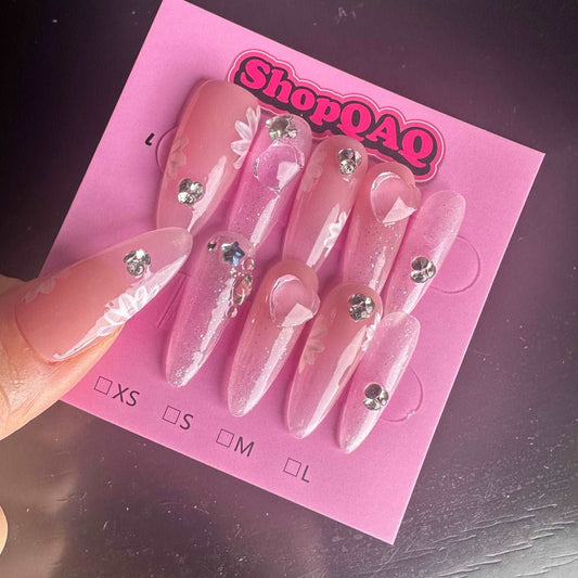 My Experience Wearing Almond-Shaped Swarovski Square Diamond Hand-Painted Floral Press-On Nails for 7 Days