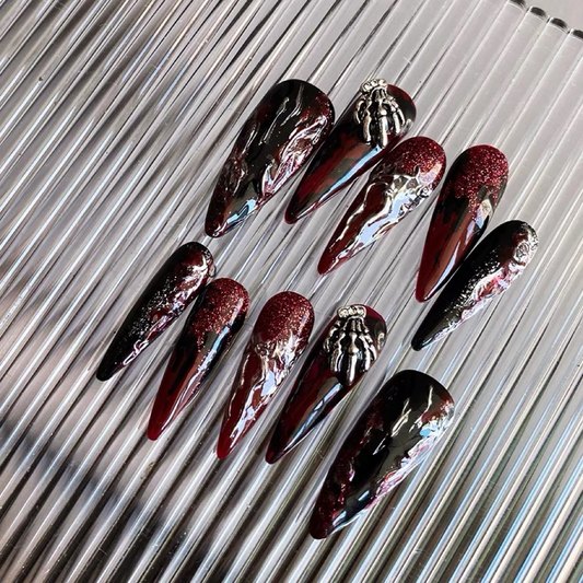 【Dark Blood Skull】 | False Nails | diamond nails, DIY nails, easy to apply nails, elegant nails, False Nails, fashion nails, Handmade fake nails, Handmade False Nails, High-Grade False Nails, luxury false nails, nails, Party nails., press on nails, special occasion nails, Unique False Nails, wedding nails | SHOPQAQ