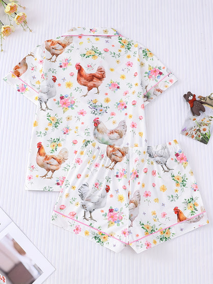 [Chicken Print Pajama] 2pcs Chicken Print Pajama Set, Women's Short Sleeve Shirt with Turn-Collar Button Top And Elastic Shorts | Casual Outdoor Home Comfortable Pajamas And Loungewear