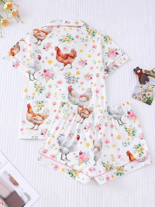 [Chicken Print Pajama] 2pcs Chicken Print Pajama Set, Women's Short Sleeve Shirt with Turn-Collar Button Top And Elastic Shorts | Casual Outdoor Home Comfortable Pajamas And Loungewear