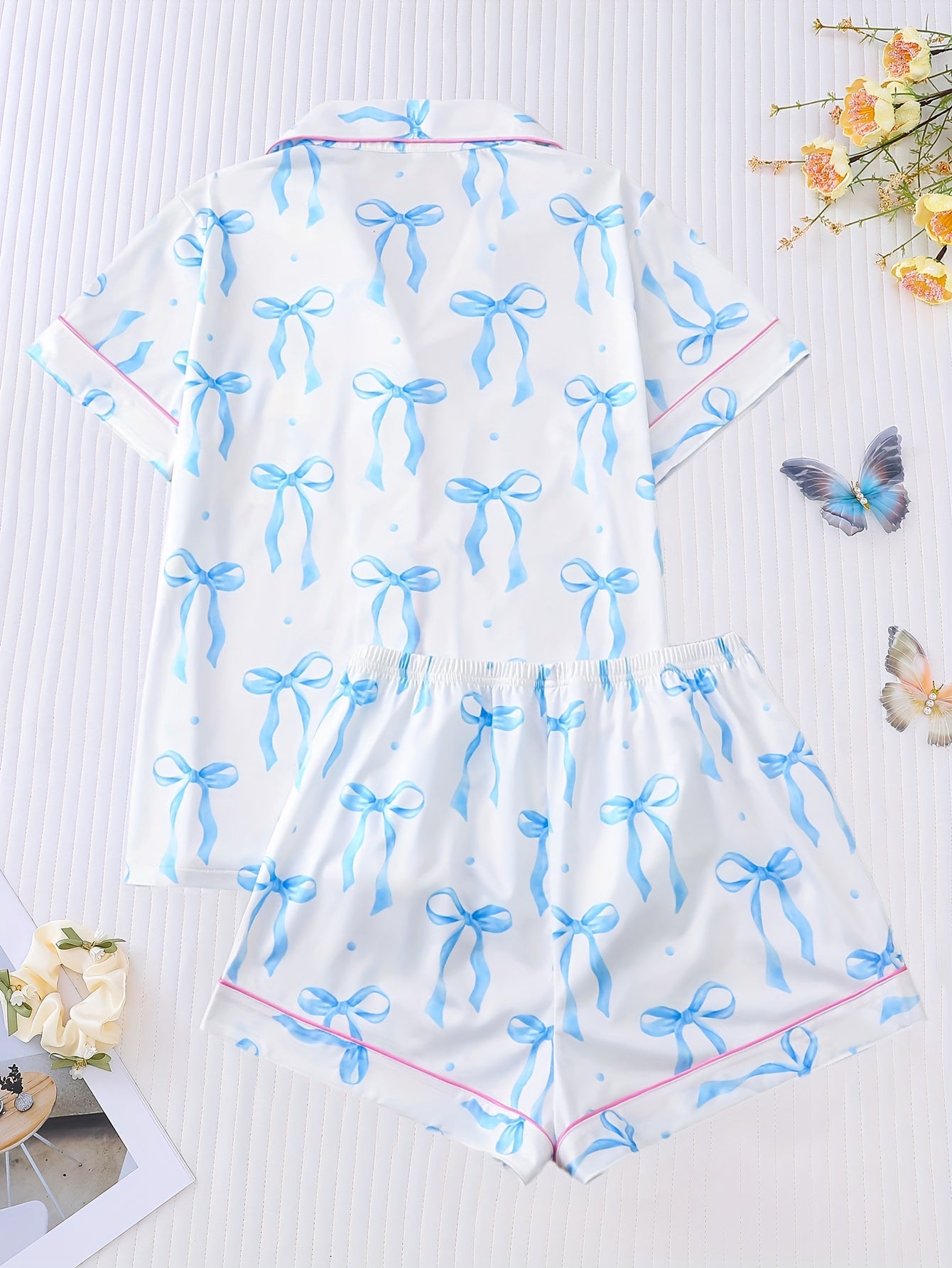 2pcs Women'S Pajama Set, Short Sleeve Shirt with Lapel Collar and Button Placket, Elastic Shorts, Polyester Knit Fabric with Elastane, Printed Bowknot Pattern, Comfortable Loungewear for All Seasons