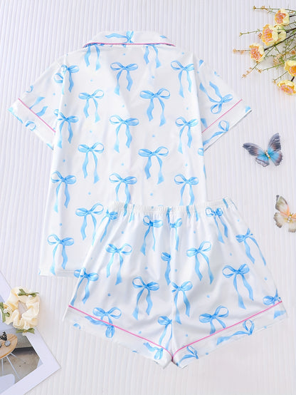 2pcs Women'S Pajama Set, Short Sleeve Shirt with Lapel Collar and Button Placket, Elastic Shorts, Polyester Knit Fabric with Elastane, Printed Bowknot Pattern, Comfortable Loungewear for All Seasons