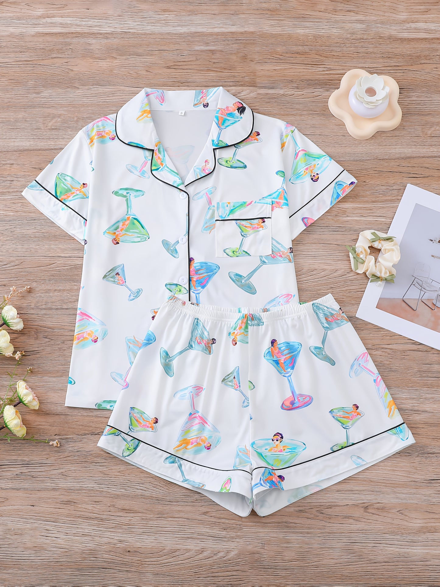 Comfortable 2pcs Women'S Pajama Set - Casual Printed Short Sleeve Shirt with Lapel Collar and Button Placket - Polyester 95% Elastane 5% Knit Fabric Shorts for All-Season Loungewear