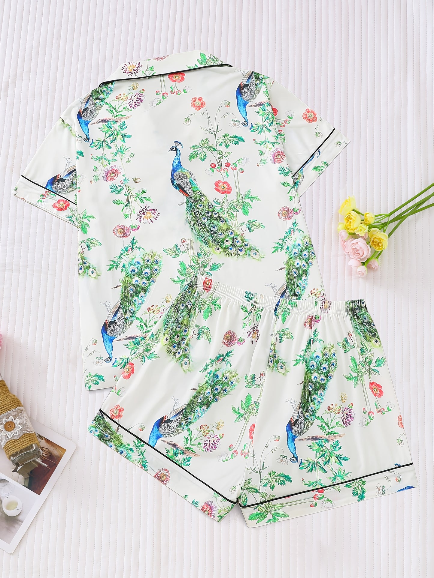 Elegant Peacock & Floral Print Women's Pajama Set - Short Sleeve Button-Up Shirt with Lapel Collar & Comfy Elastic Waist Shorts, Lightweight Polyester Blend Sleepwear and Loungewear, Machine Washable