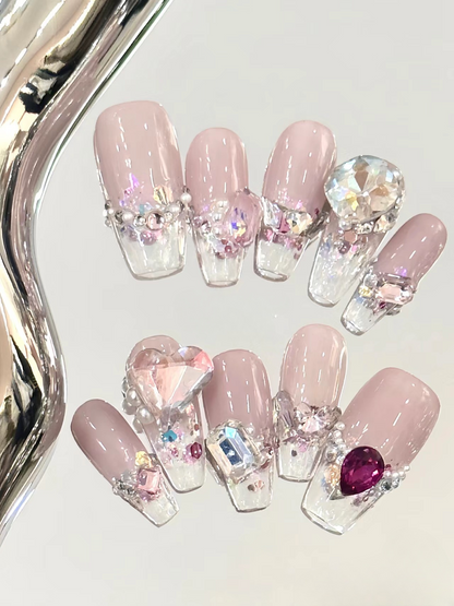 Pink Romance Crystal Handmade False Nails from SHOPQAQ