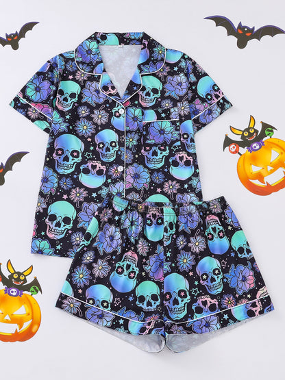 [Halloween Skull Pajama] Comfortable Halloween Skull Print Women's Pajama Set - Short-Sleeved Collar Button Shirt and Loose Elastic Shorts - Casual Outdoor Home Warm Women's Pajamas and Loungewear