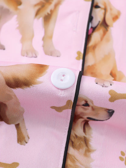 2pcs Women's Cute Golden Retriever Print Pajama Set - Short Sleeve, Casual, Comfortable for Home & Outdoor