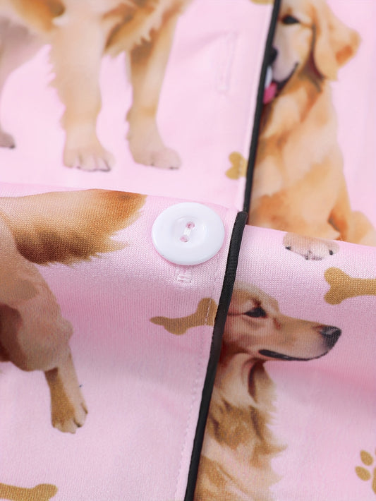 2pcs Women's Cute Golden Retriever Print Pajama Set - Short Sleeve, Casual, Comfortable for Home & Outdoor
