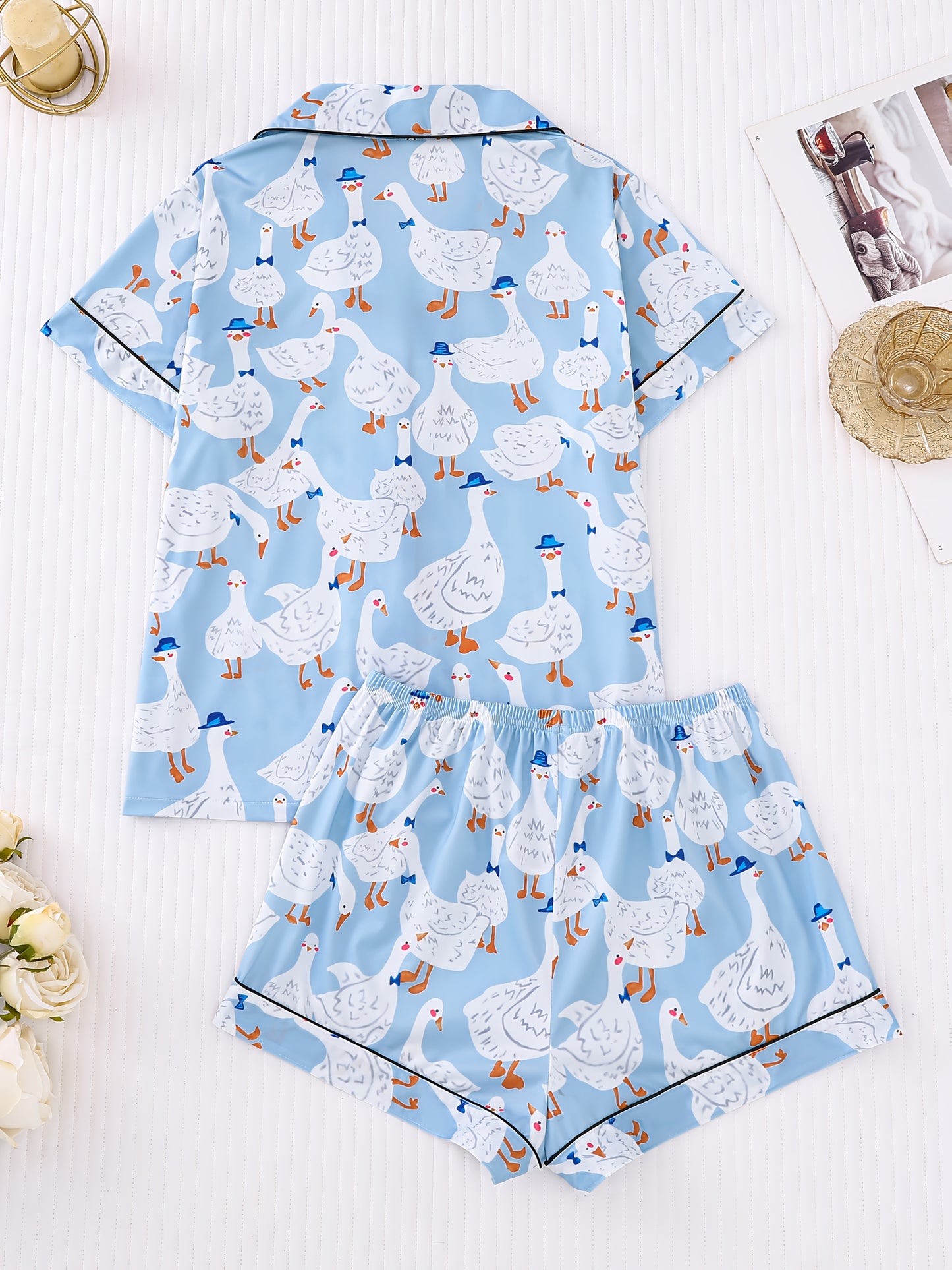 2pcs Cute Duck Print Women's Pajama Set - Short Sleeve Button-Up Shirt with Collar and Elastic Waist Shorts, Comfortable Polyester Blend Sleepwear for Home and Casual Wear