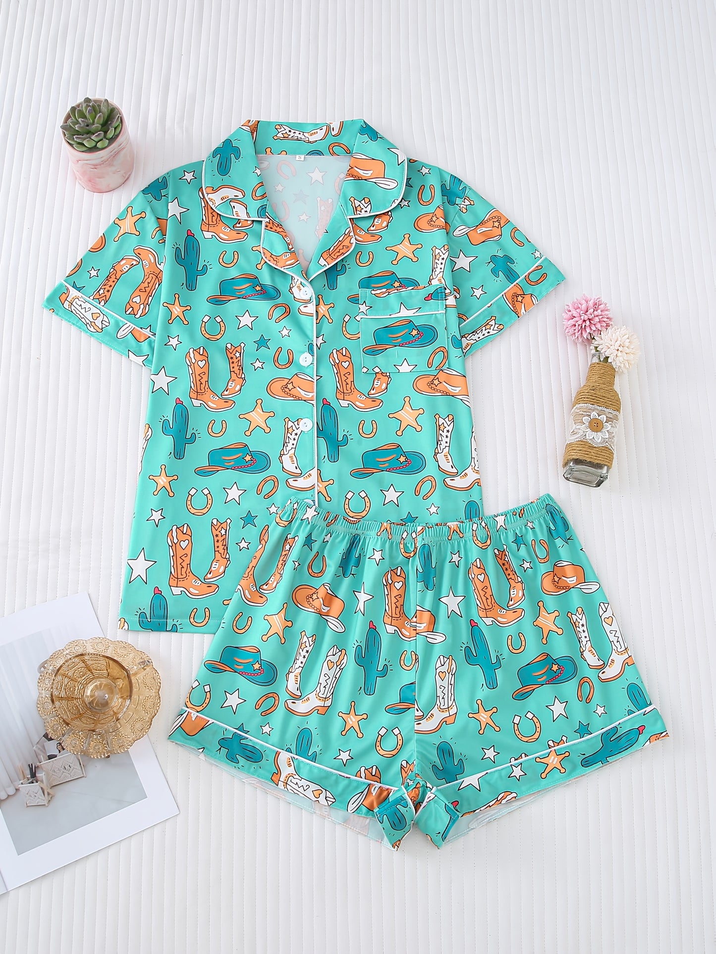 2pcs set of denim element printed Women's pajamas, short-sleeved shirt with turned collar and buttoned top and loose elastic shorts, comfortable ' sleepwear and loungewear for leisure outdoor use at home