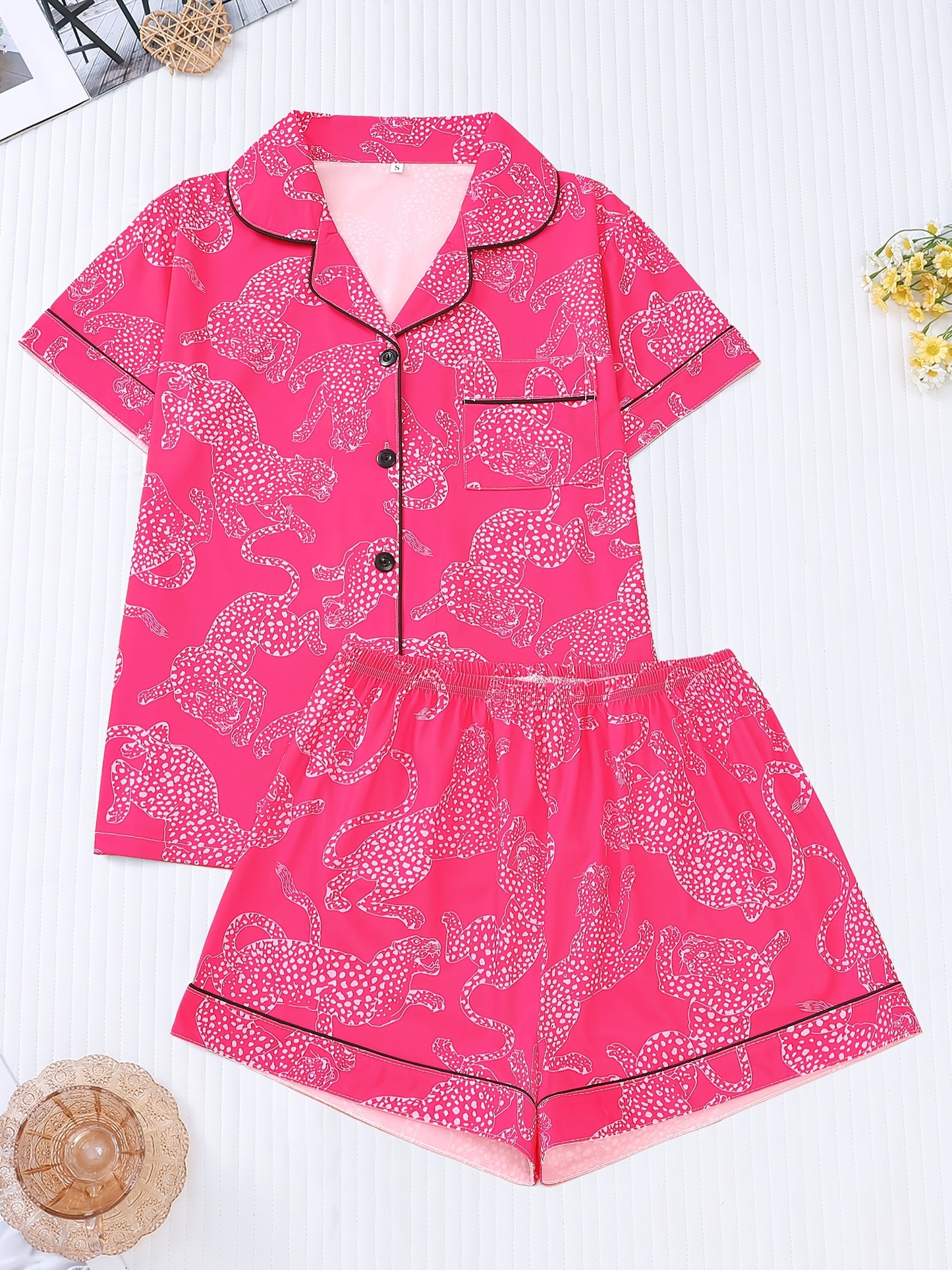 Women's Leopard Print Casual Pajama Set, Short Sleeve Buttons Lapel Top & Shorts, Comfortable Relaxed Fit, Summer Nightwear