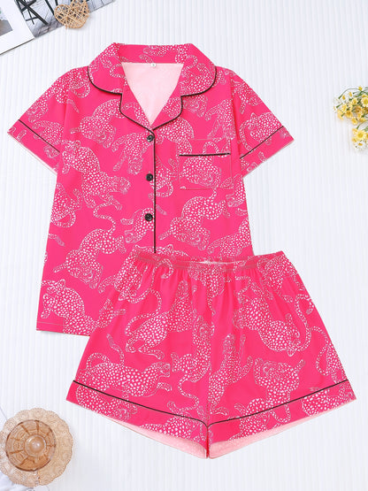 Women's Leopard Print Casual Pajama Set, Short Sleeve Buttons Lapel Top & Shorts, Comfortable Relaxed Fit, Summer Nightwear