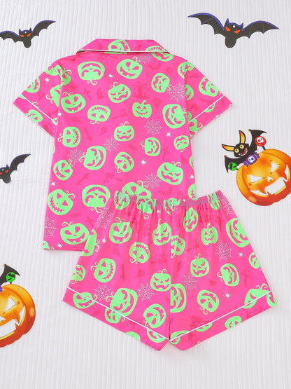 Spooky Halloween Pumpkin Bat Print Women's Pajama Set, Comfortable Short-Sleeve Button- Shirt and Loose Elastic Shorts, Casual All-Season Outdoor Loungewear for Home