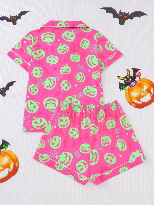 Spooky Halloween Pumpkin Bat Print Women's Pajama Set, Comfortable Short-Sleeve Button- Shirt and Loose Elastic Shorts, Casual All-Season Outdoor Loungewear for Home