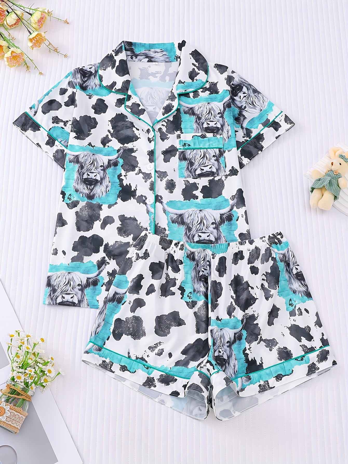 2pcs Women's Pajama Set - Animal Cow Ink Style, Short-Sleeved, Comfortable, Loose Elastic Shorts for Leisure & Home