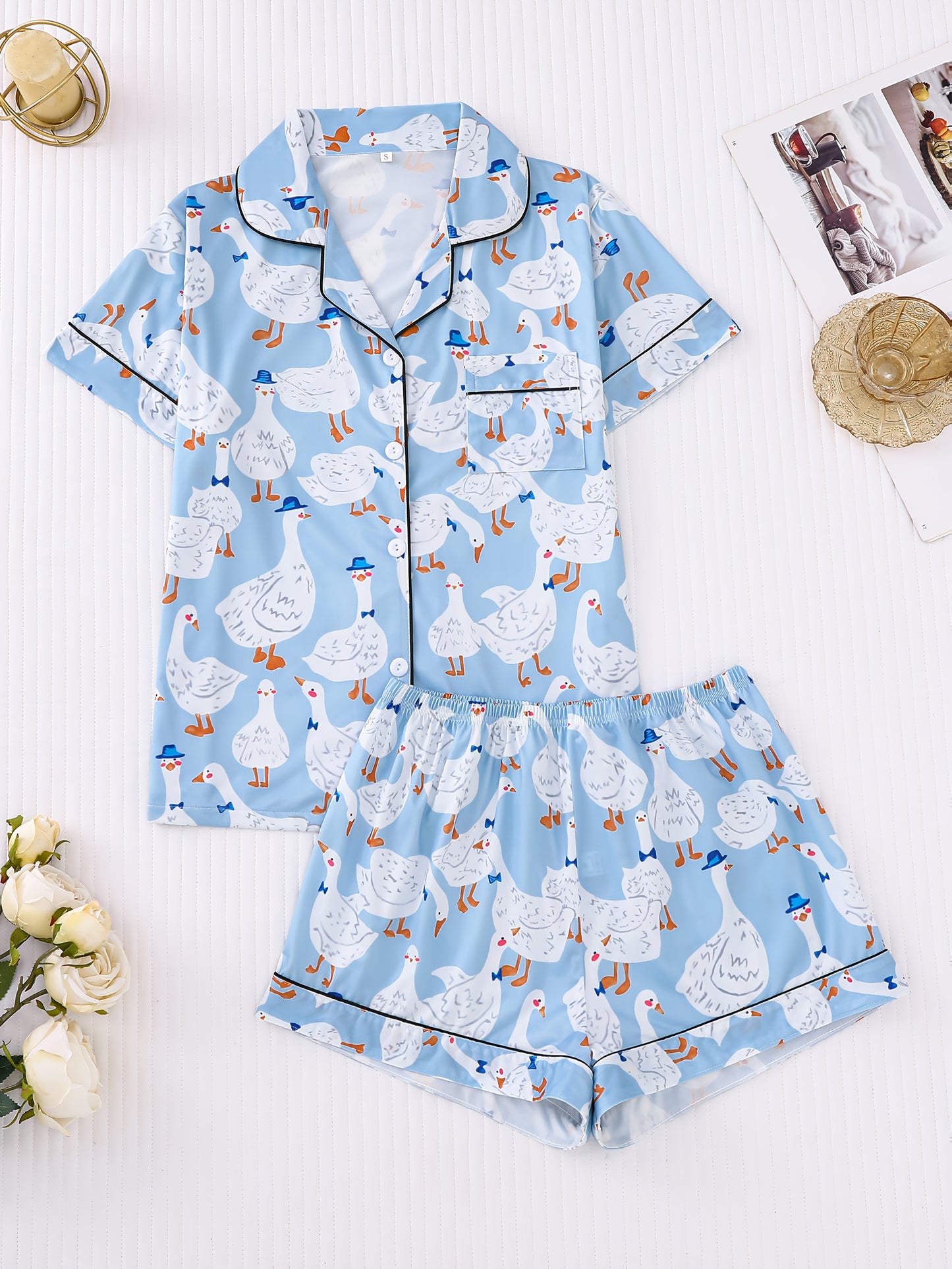 2pcs Cute Duck Print Women's Pajama Set - Short Sleeve Button-Up Shirt with Collar and Elastic Waist Shorts, Comfortable Polyester Blend Sleepwear for Home and Casual Wear