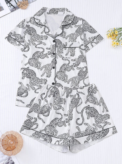 Women's Leopard Print Casual Pajama Set, Short Sleeve Buttons Lapel Top & Shorts, Comfortable Relaxed Fit, Summer Nightwear