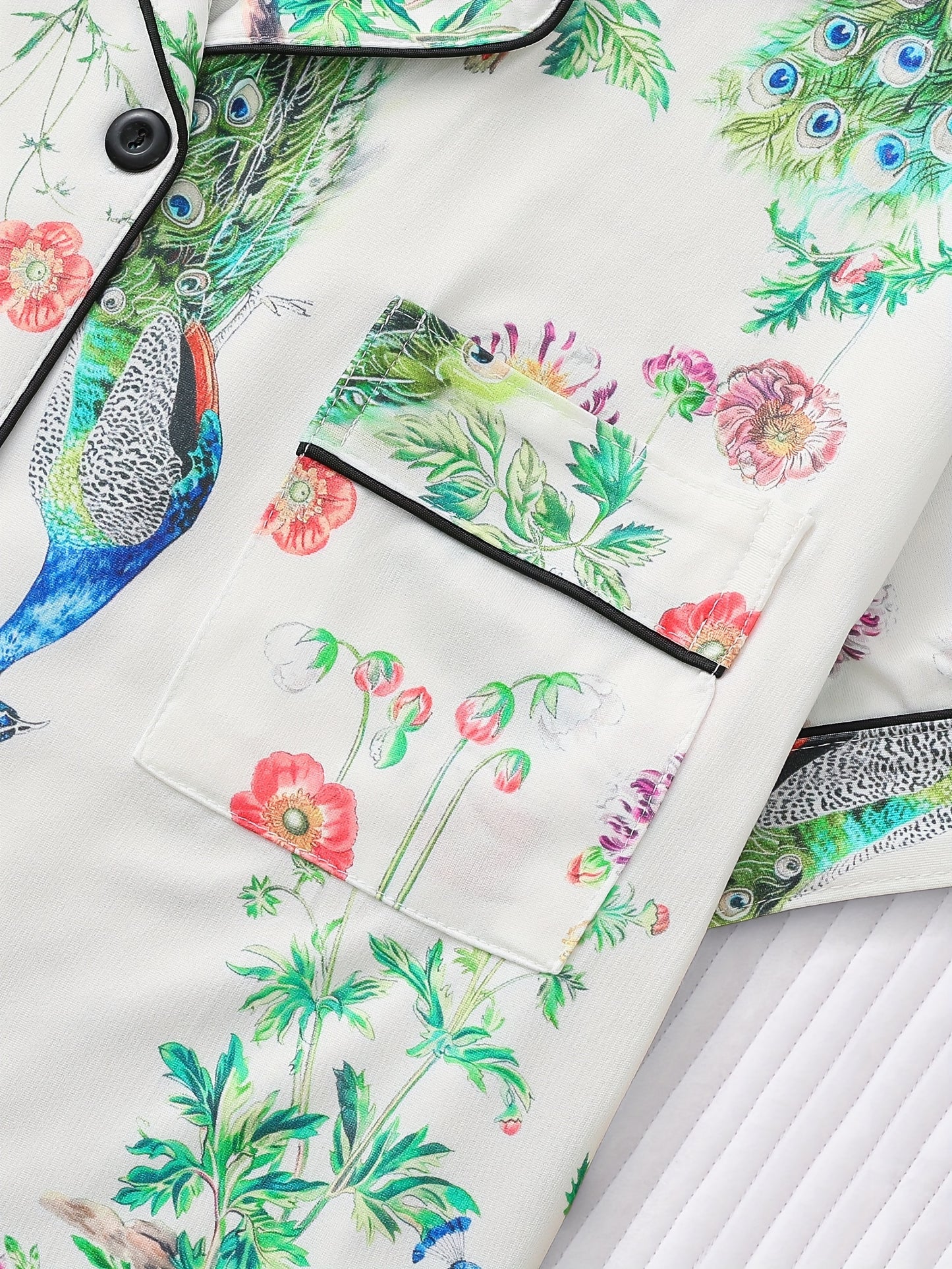 Elegant Peacock & Floral Print Women's Pajama Set - Short Sleeve Button-Up Shirt with Lapel Collar & Comfy Elastic Waist Shorts, Lightweight Polyester Blend Sleepwear and Loungewear, Machine Washable