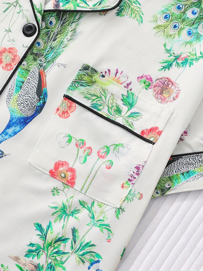 Elegant Peacock & Floral Print Women's Pajama Set - Short Sleeve Button-Up Shirt with Lapel Collar & Comfy Elastic Waist Shorts, Lightweight Polyester Blend Sleepwear and Loungewear, Machine Washable