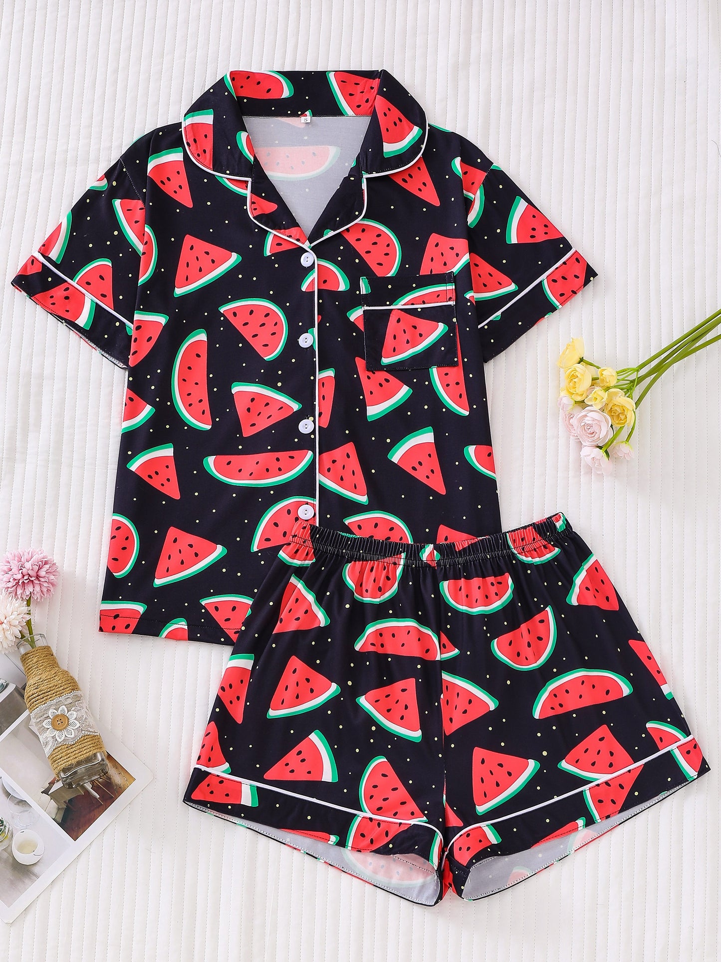 Watermelon Print Pajama Set, Cute Short Sleeve Button Up Lapel Collar Top & Shorts, Women's Sleepwear