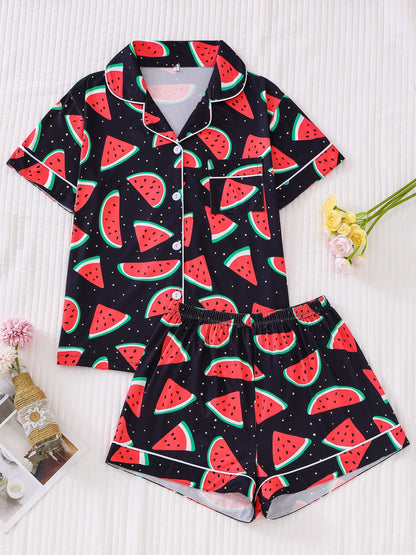 Watermelon Print Pajama Set, Cute Short Sleeve Button Up Lapel Collar Top & Shorts, Women's Sleepwear