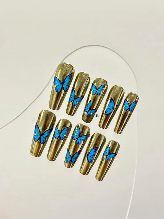 [Mirorr gold with blue butterfly] | False Nails | DIY nails, easy to apply nails, elegant nails, fake nails, False Nails, fashion nails, Handmade fake nails, Handmade False Nails, handmadefalsenails, High-Grade False Nails, luxury false nails, luxurynails, nails, Party nails., press on nails, special occasion nails, wedding nails | SHOPQAQ