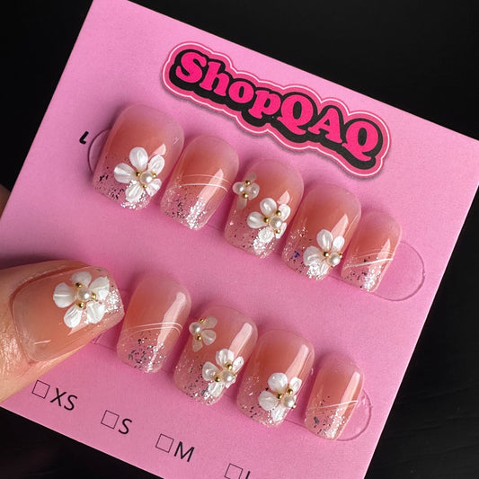 Gentle Pink Sakura Blossom Handcrafted French High-End Commuter | False Nails | DIY nails, easy to apply nails, elegant nails, False Nails, fashion nails, Handmade fake nails, Handmade False Nails, handmadefalsenails, High-Grade False Nails, luxury false nails, luxurynails, Party nails., press on nails, special occasion nails, Unique False Nails, wedding nails | SHOPQAQ