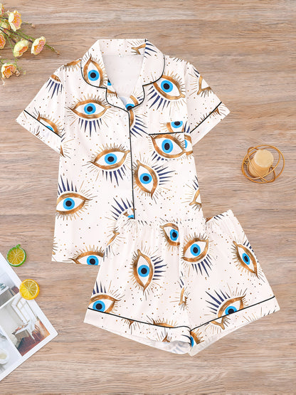 2pcs ethnic totem print Women's pajama set, short-sleeved shirt with turned collar and buttoned top and loose elastic shorts, holiday party pajamas, beautiful and fashionable, comfortable for ' sleepwear and loungewear at home