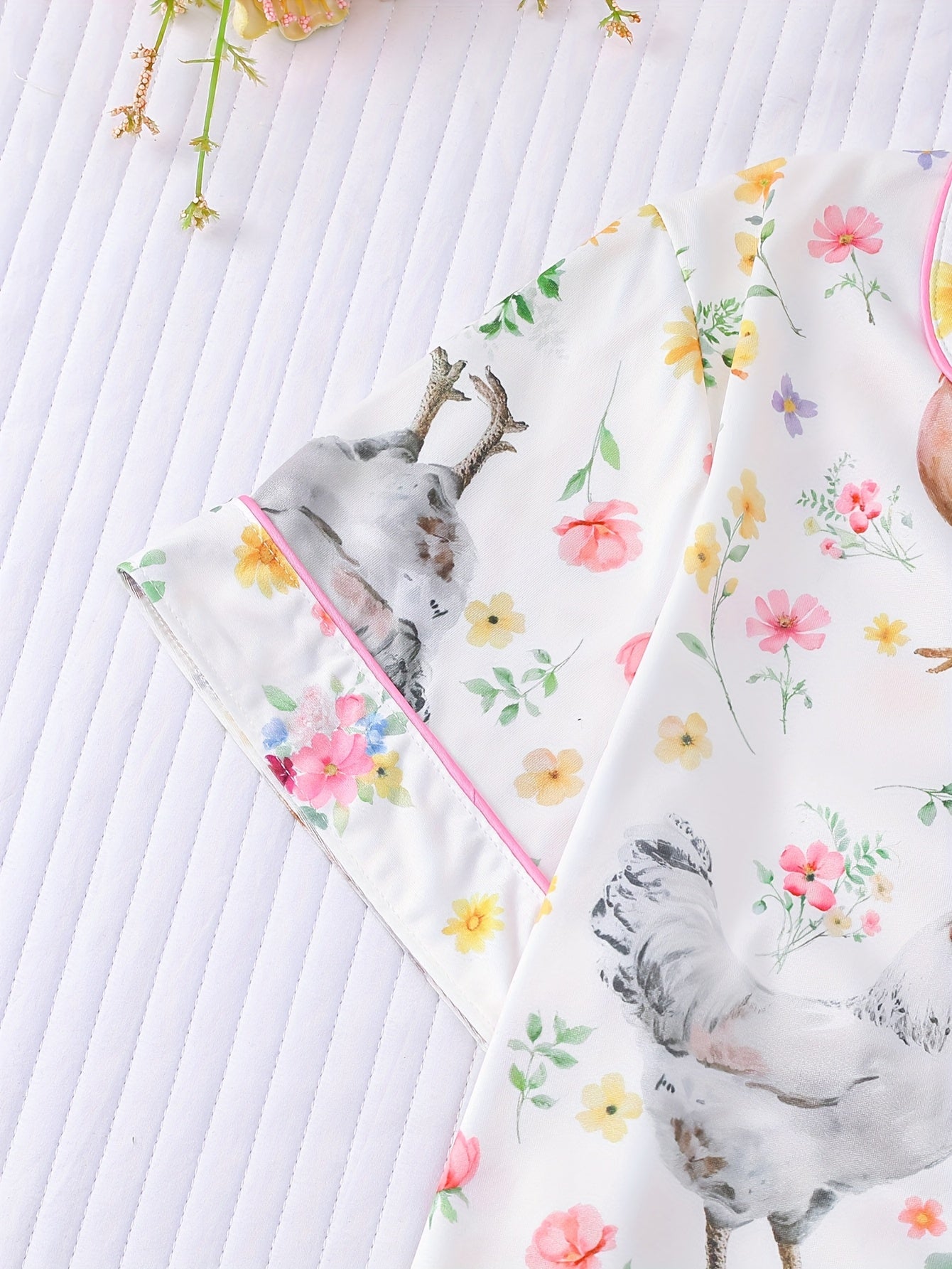 [Chicken Print Pajama] 2pcs Chicken Print Pajama Set, Women's Short Sleeve Shirt with Turn-Collar Button Top And Elastic Shorts | Casual Outdoor Home Comfortable Pajamas And Loungewear