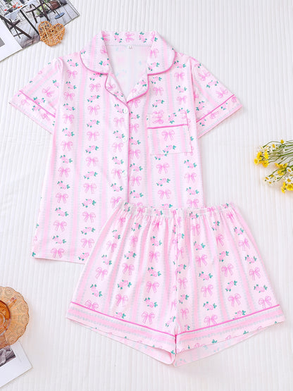 Cute Bow Tie Printed Women'S Pajama Set Suitable for Outdoor Wear, Featuring a Comfortable Collared Button-Up Short Sleeve Top And Loose Elastic Shorts, Perfect for Casual Home Wear And Loungewear.