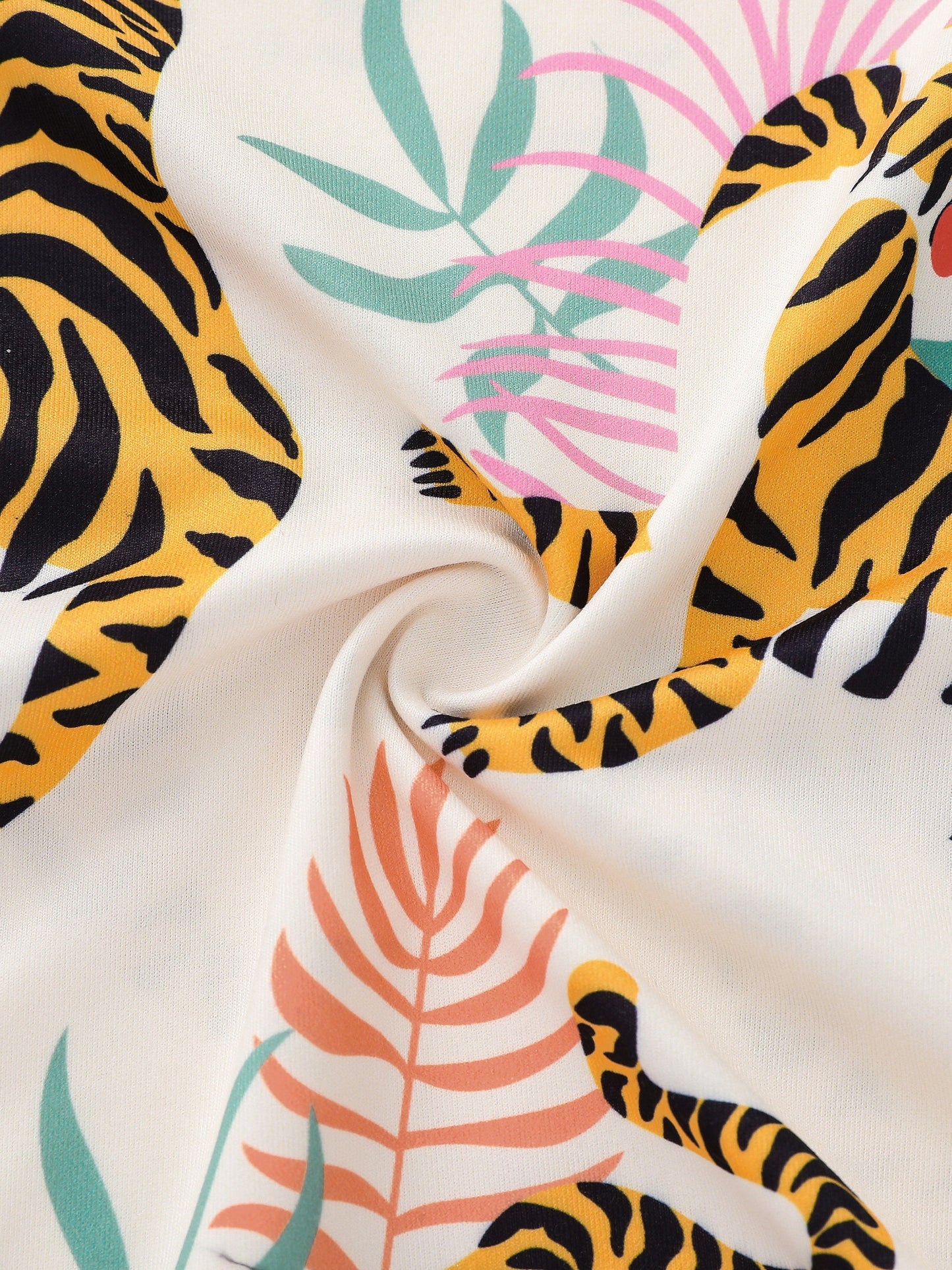 Tiger & Tropical Print Pajama Set, Short Sleeve Crew Neck Top & Elastic Shorts, Women's Sleepwear & Loungewear