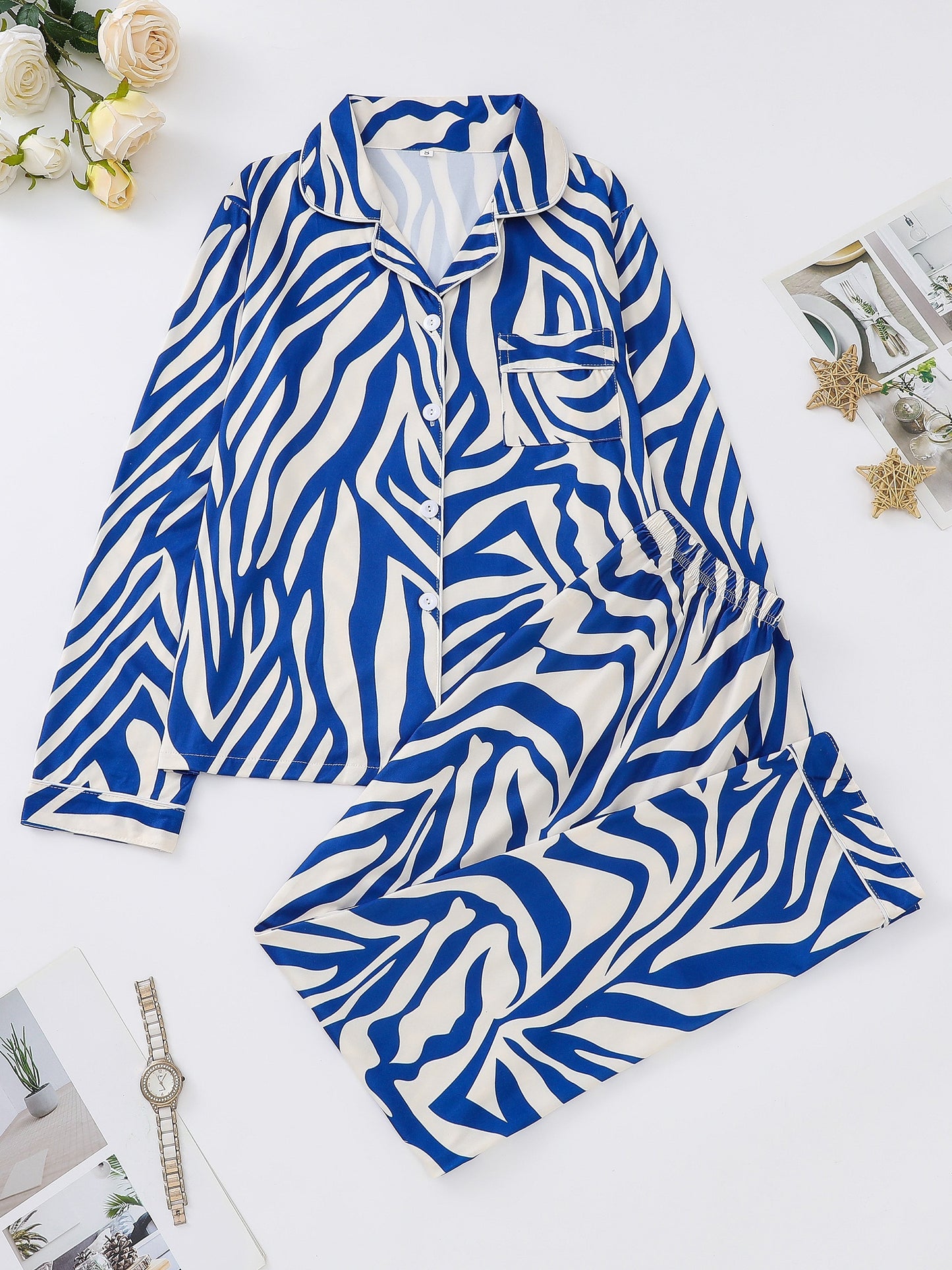 Elegant Zebra Stripe Women's Pajama Set - Soft Long Sleeve Button-Up Top & Comfy Elastic Waist Pants, Machine Washable