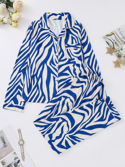 Elegant Zebra Stripe Women's Pajama Set - Soft Long Sleeve Button-Up Top & Comfy Elastic Waist Pants, Machine Washable